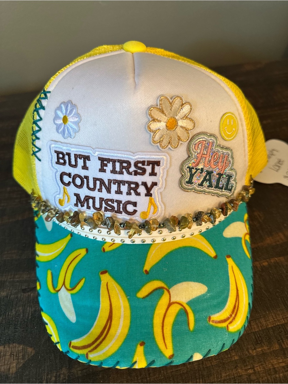 But First Country Music Patch Trucker Hat - Yellow & Teal